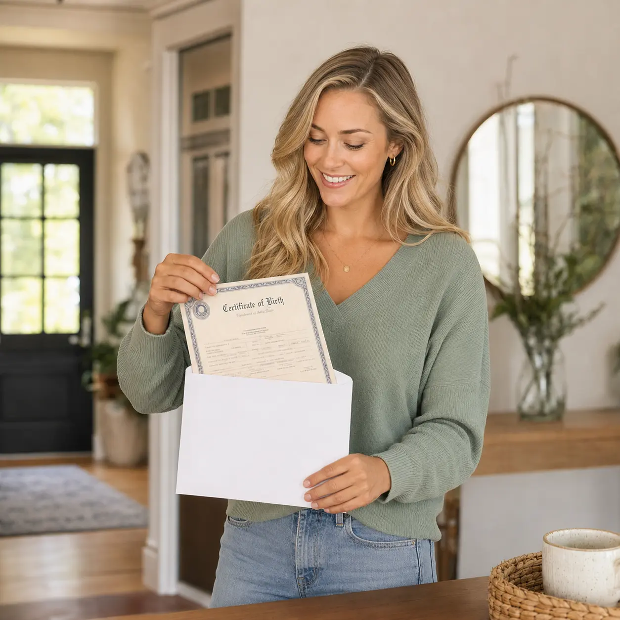 A customer at home sliding a certified birth certificate out of its mailing envelope